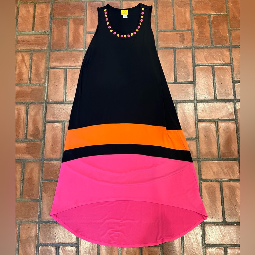 Ruby Rd. Color Block Tank Dress with Pink & Orange Bands and embezzeled neck